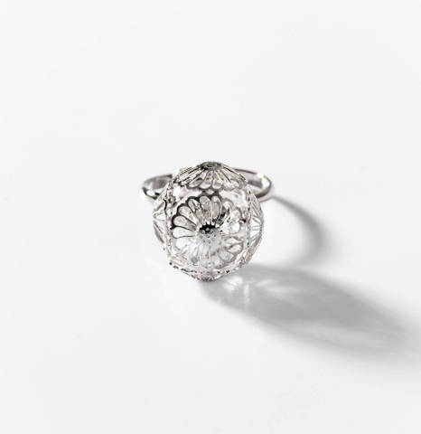 Adjustable Rhodium-Plated Flower Sphere Ring